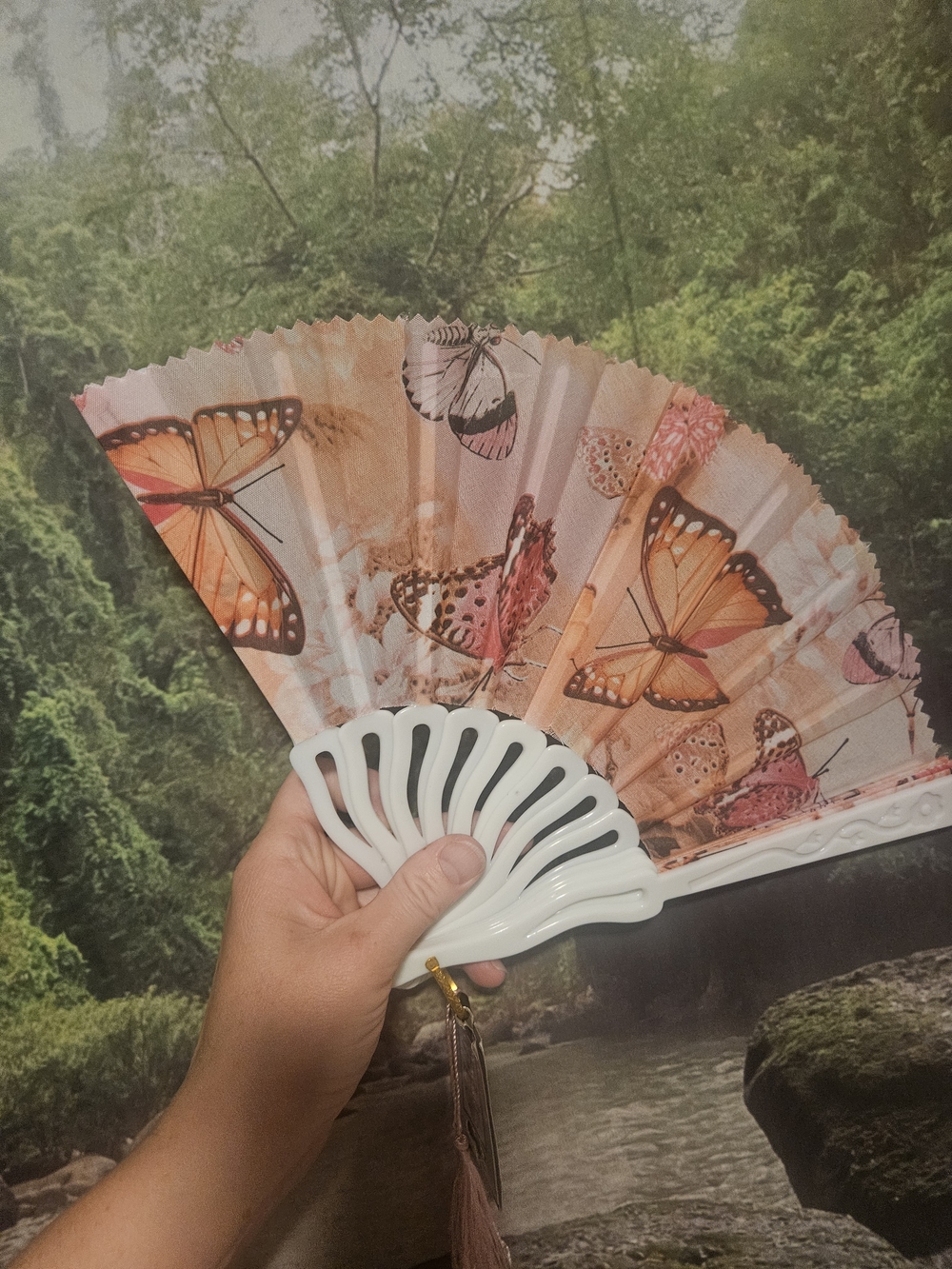 Butterfly Print Hand Fan in Peach and White